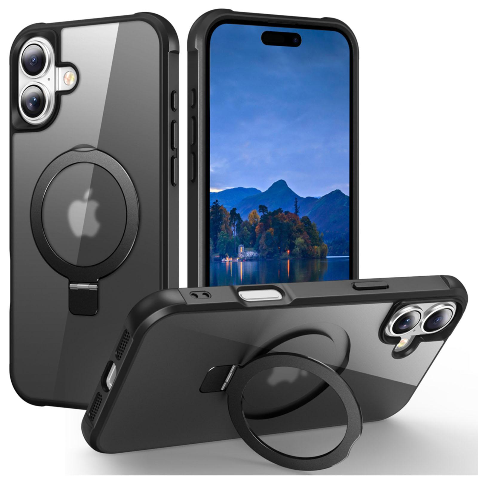 

Чехол для iPhone 16, совместимый с MagSafe, с кольцом-держателем, подставкой, из ТПУ+ПК Black