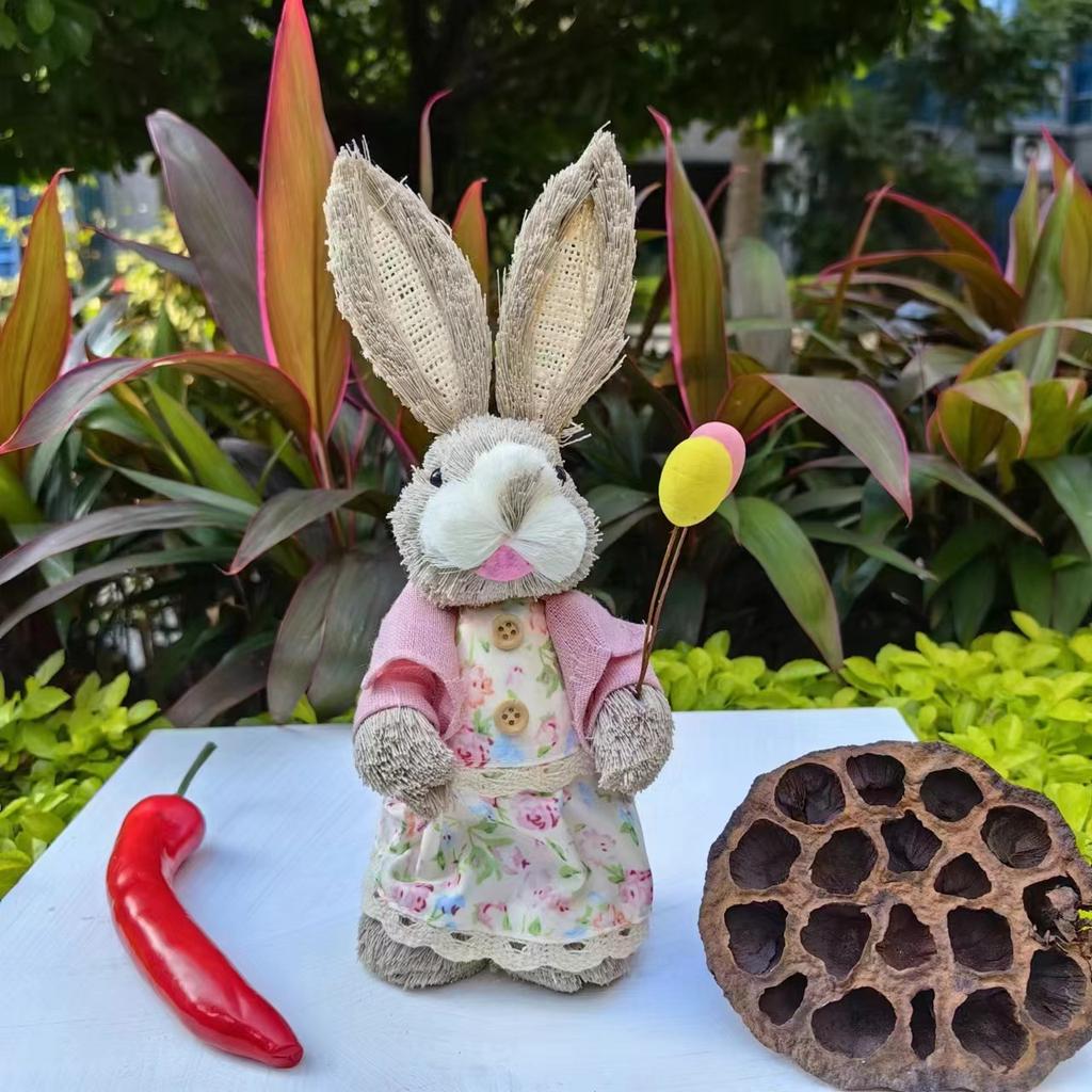 Easter Rabbit Decoration Straw Rabbit Ornament Creative Artificial Bunny Figure 25cm Home Holiday Cute with Flower Wreath