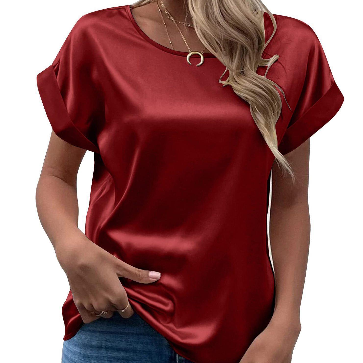 

Весенне-летняя новая женская атласная рубашка с короткими рукавами, свободная и повседневная цветная футболка с круглым вырезом для женщин XL