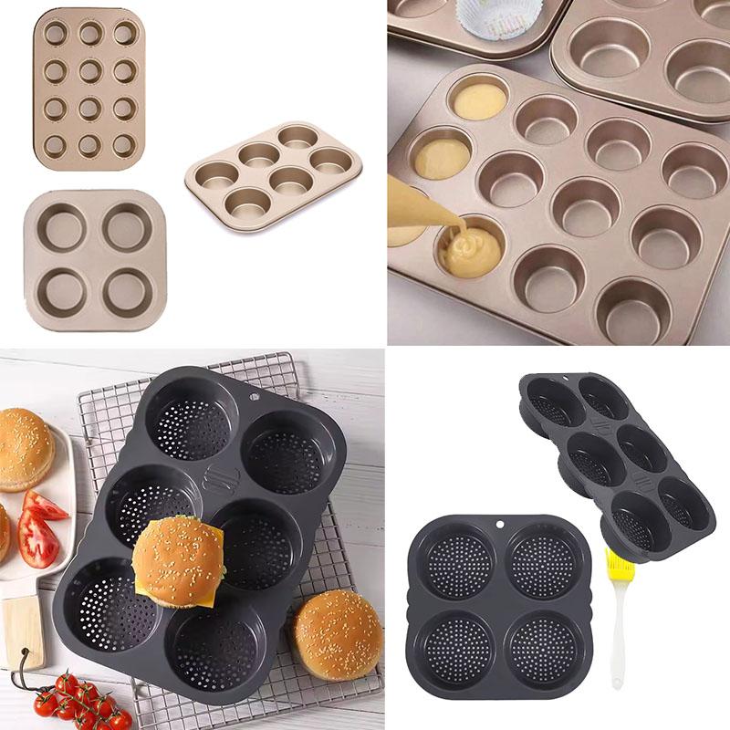 Non-Stick Silicone Hamburger Bun Pan and Muffin Tray Baking Mold for Bread Cupcakes Cakes and Pastries Kitchen Bakeware Tools