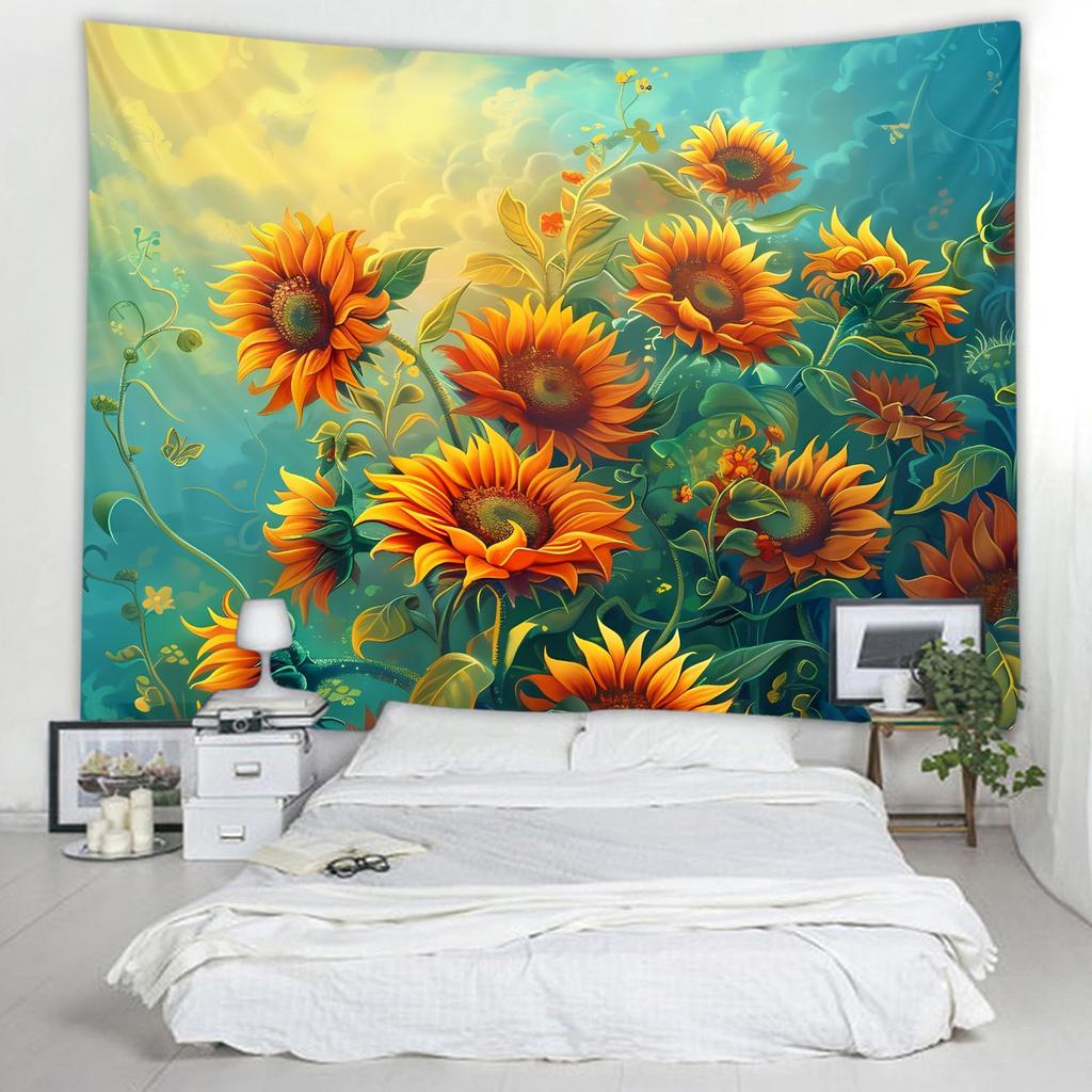 Vibrant Giant Monarch Butterfly Tapestry, Colorful Wildflower Meadow Cloud Sky Nature Art Wall Cloth For Bedroom Fresh Decor