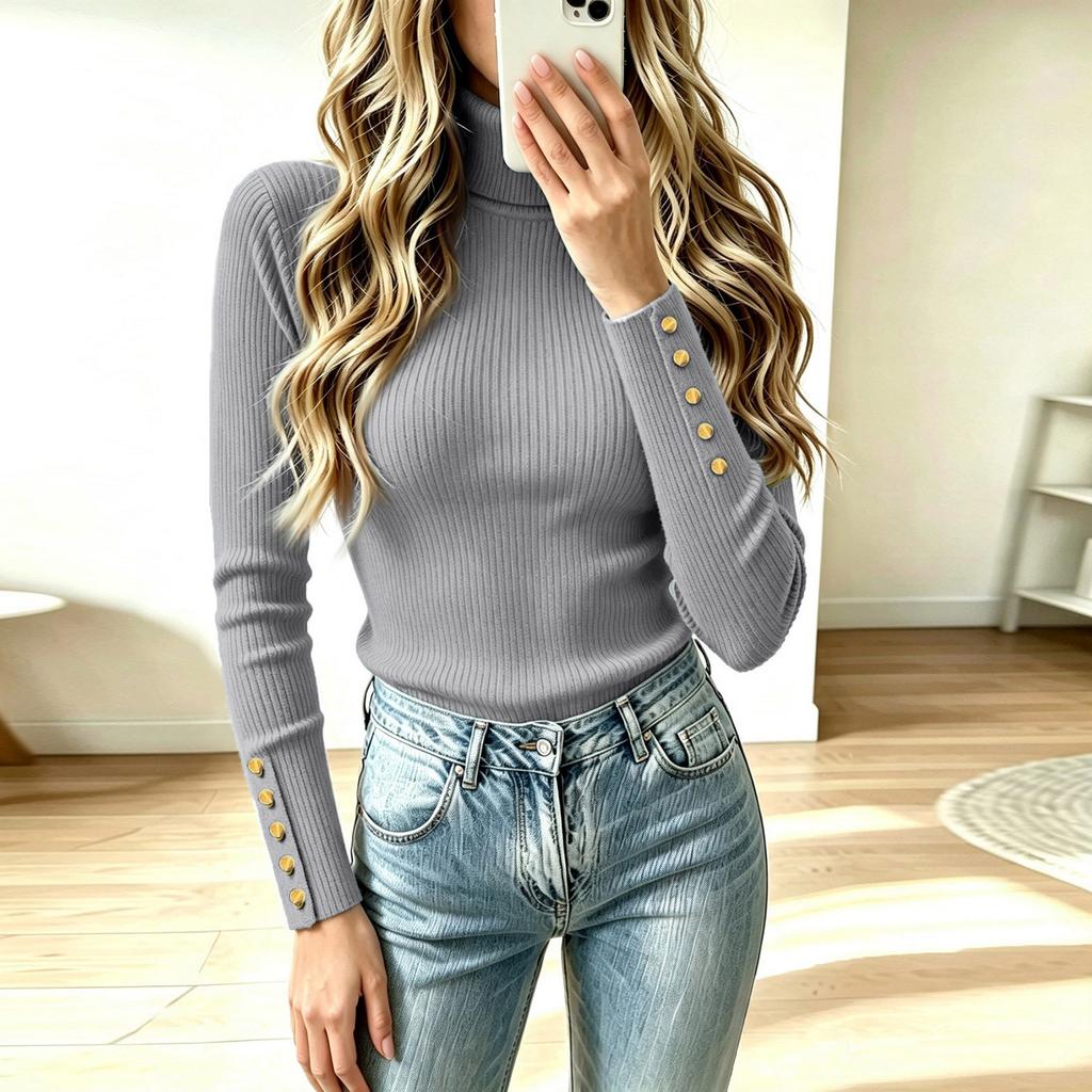 Women's High Neck Pullover Knit Sweater with Decorative Buttons - Casual Winter Fashion Top