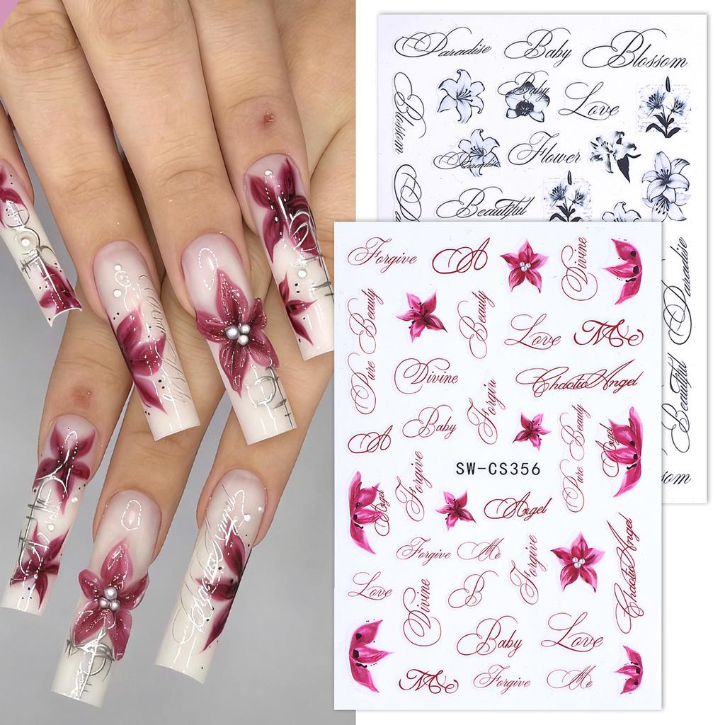3Pcs Floral Nail Stickers Pink Black Lily Flower Vintage English Letter Nail Art Decals