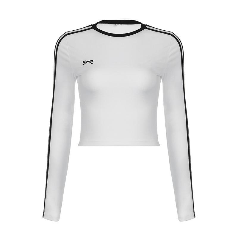 

Bowknot Embroidered Two-Tone Crew Neck Crop Top - Trendy Street Style Long Sleeve Medium білий