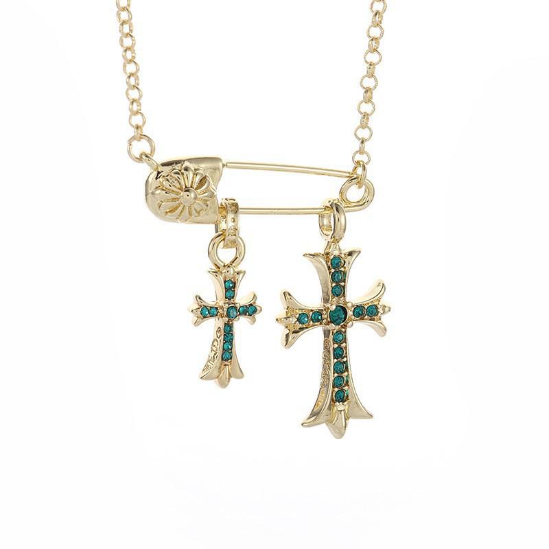 Kroxin Guld & Silver Vintage Kors Hänghalsband med Diamantbrosch - Hip Hop Trendig Par Kedja