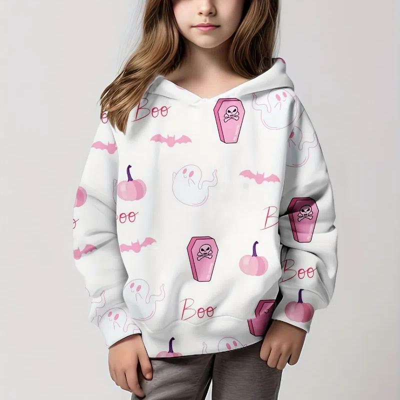 Hoodies Wunderschöner Totenkopf 3D-Druck Mädchen Pullover Sweatshirt Bequeme Passform Halloween Party Langarm Kinderkleidung Mädchen Tops