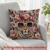 2D Flat Printing, 1pc, Leopard Wearing Pink Fashion Glasses with Rose Floral Crown, Pillow Cover, Polyester, Modern Home Decor: Decorative Covers Suit