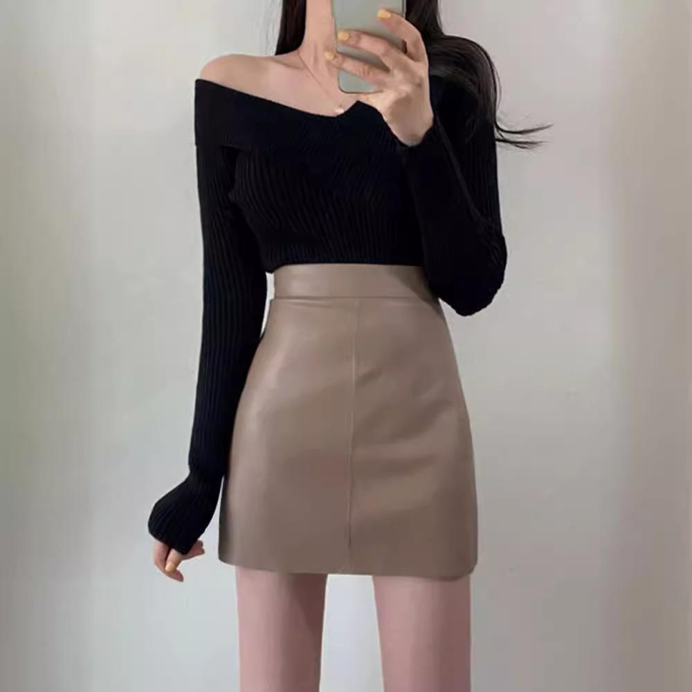 Women's High-Waist Black PU Leather A-Line Mini Skirt - Autumn/Winter