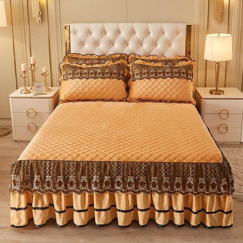 3-teiliges gestepptes Bettvolant-Set Prinzessin Spitze Verdickte Bettdecke, Yamame Rutschfeste Bettdecke Schutzhülle Bettwäsche Vier Jahreszeiten