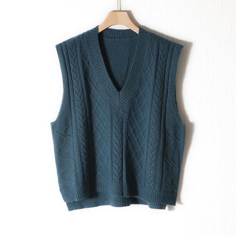 Women's Loose Fit Cable Knit V-Neck Sweater Vest - Autumn/Winter 2021, Thick OL Style, Korean Version.