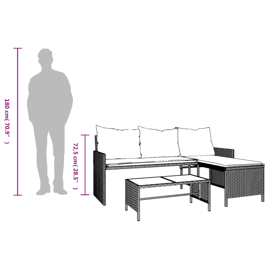 L Shaped Garden Sofa Set with Table and Cushions Black Poly Rattan