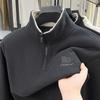 Men's Velvet-Lined Half-Zip Stand Collar Hoodie, Long Sleeve, Warm T-Shirt for Autumn/Winter