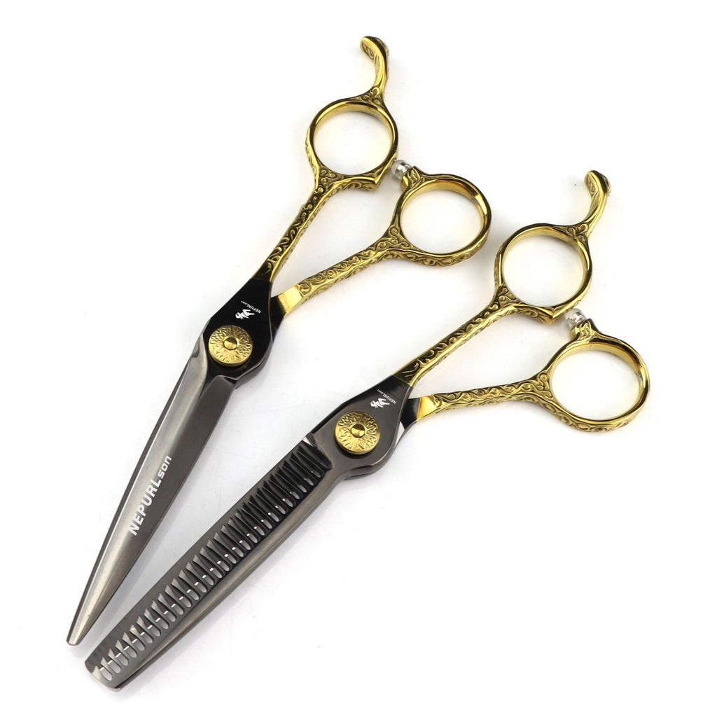 6.0" Black & Gold Floral Pattern Hairdressing Scissors Set - Straight & Thinning Shears
