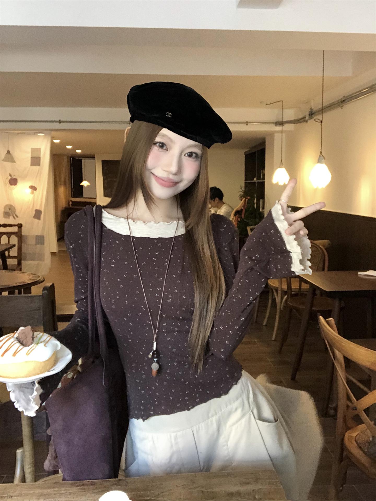 Autumn Sweet & Spicy Design Ruffle Petal Sleeve Layered Long Sleeve Women s T-Shirt Large