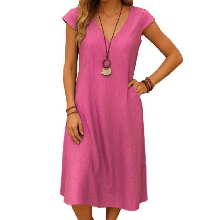 Casual Beach V Neck Short Sleeve A Line Sundress Women Summer Cotton Linen Midi Dress with Pockets