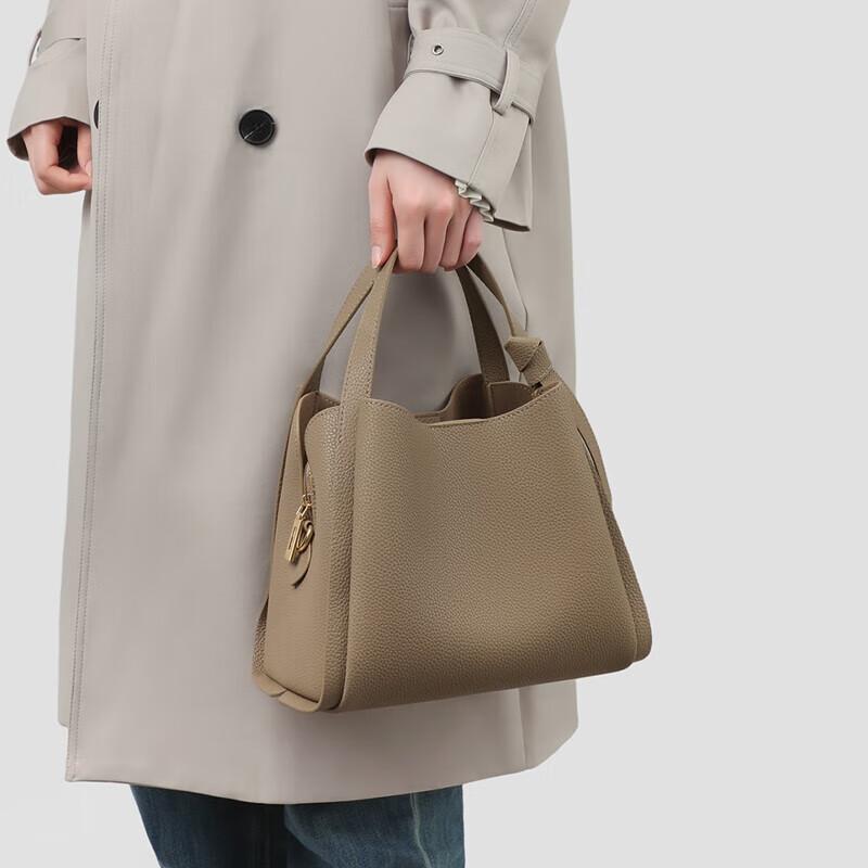 Viney Women's Handbag, Cowhide Bucket Bag, Crossbody Bag, Shoulder Bag, Gray