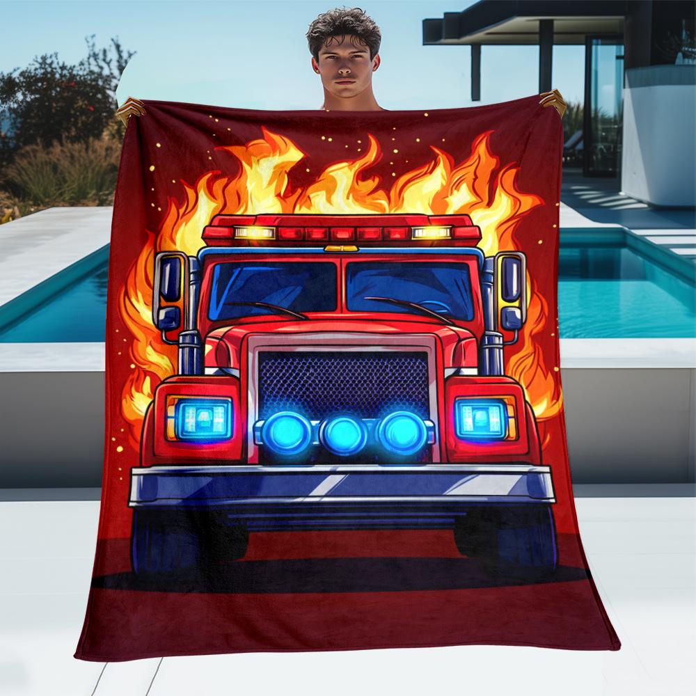 1pc Fire Truck Flame Design Flannel Blanket Emergency Vehicle Print Soft Boys Bedroom Decor Red Firefighter Throw Cover