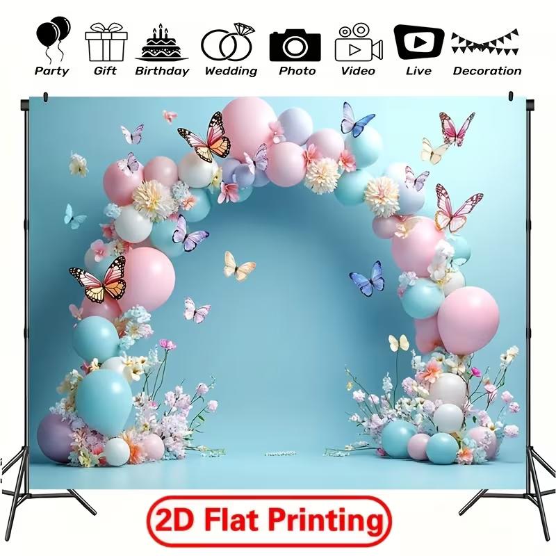 

2D Flat Print Pastel Blue Balloon Butterfly Backdrop, Spring Floral Party Decoration Background for Photo Studio 47.2x31.5inch/120*80cm