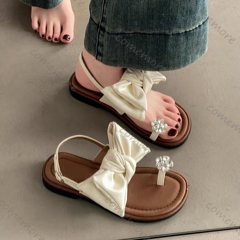 Fashion Comemore Bowknot Rhinestone Women Summer Sandals Flat Bottom Casual Clip-toe Soft Sole Outdoor Back Strap Sandales for Women