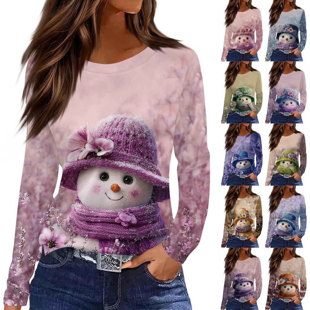 Women's Fashion Casual Slit Hem Round Neck Long Sleeve Loose Printed T-Shirt Ladies Top Christmas