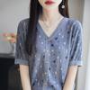 Summer New Retro Jacquard Knitted T-shirt, Blue V-neck Knitted Sweater, Short Sleeve