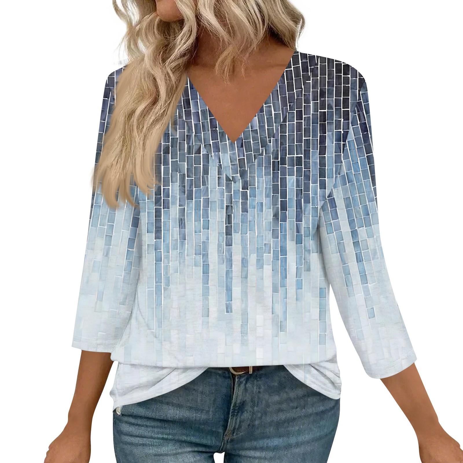 

Женские рубашки с рукавом 3/4, топы с принтом и V-образным вырезом, повседневные топы, базовые футболки, блузки, свободные топы XXXL темно-синий