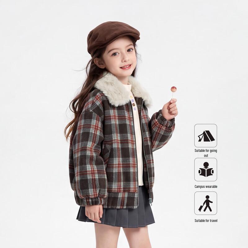 Girls' Winter Thickened Quilted Plaid Jacket