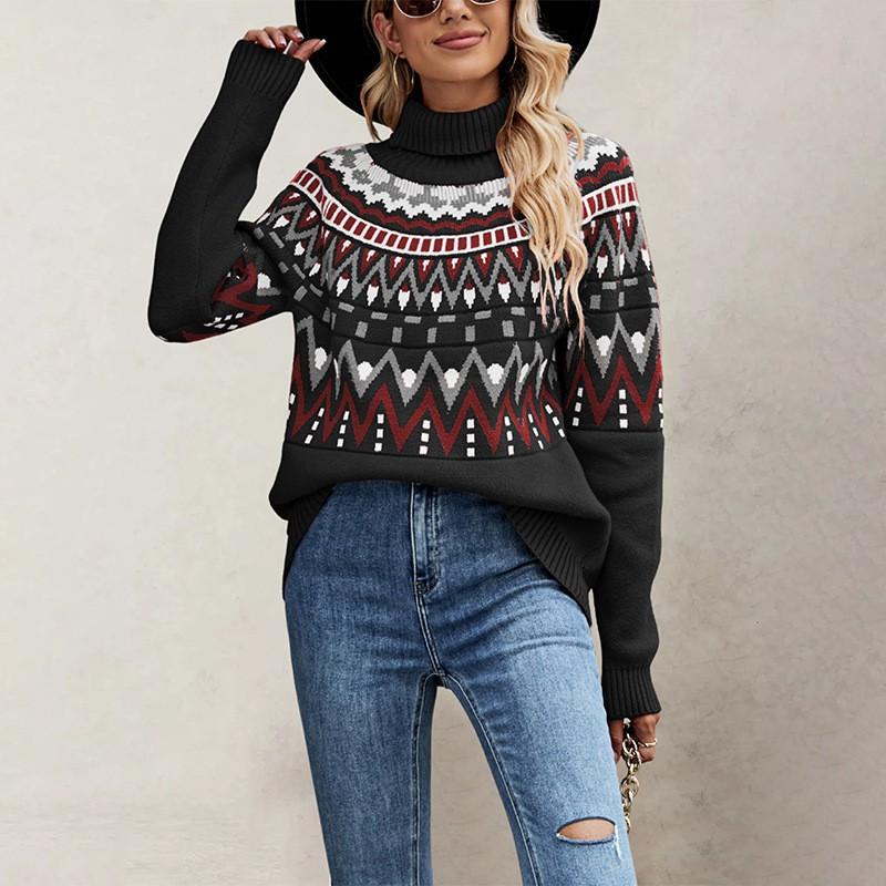 Womens Oversized High Neck Knit Sweater With Retro Stripe Colorblock Design Winter 2026