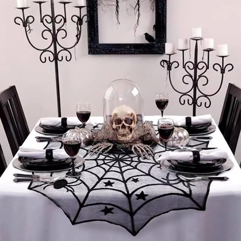 Halloween Decoration Lace Spider Web Skull Tablecloth Black Fireplace Shawl Scarf Spider Web Fireplace Curtains Decoration Cloth