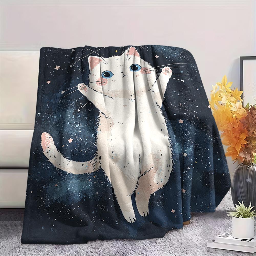 White Cat Print Flannel Blanket, High quality Comfortable for All Seasons, Home Decor, Warmth and Comfort, Perfect for Christmas Gifts