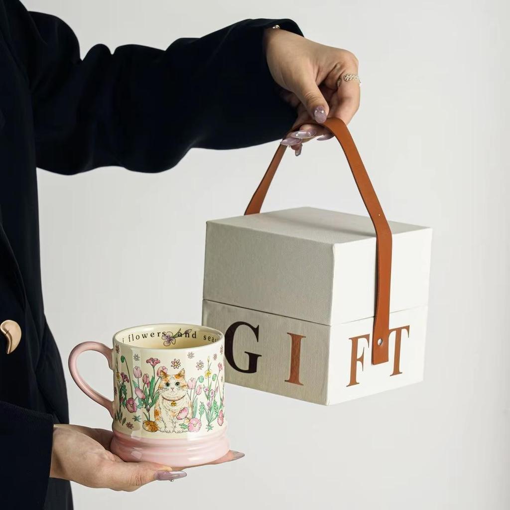 Cute Cat Ceramic Mug Amidst Flowers, Design Inspired Office Coffee Mugs, High-value Couple Tea Cup, Holiday Gift Kawaii Cup