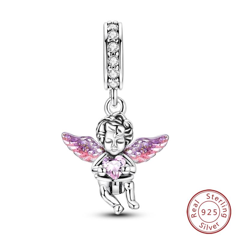 Fit 925 Silver Charms Beads Little Bear Lamb Little Flying Pig Pink Charms For Women DIY Birthday Jewelry Gift