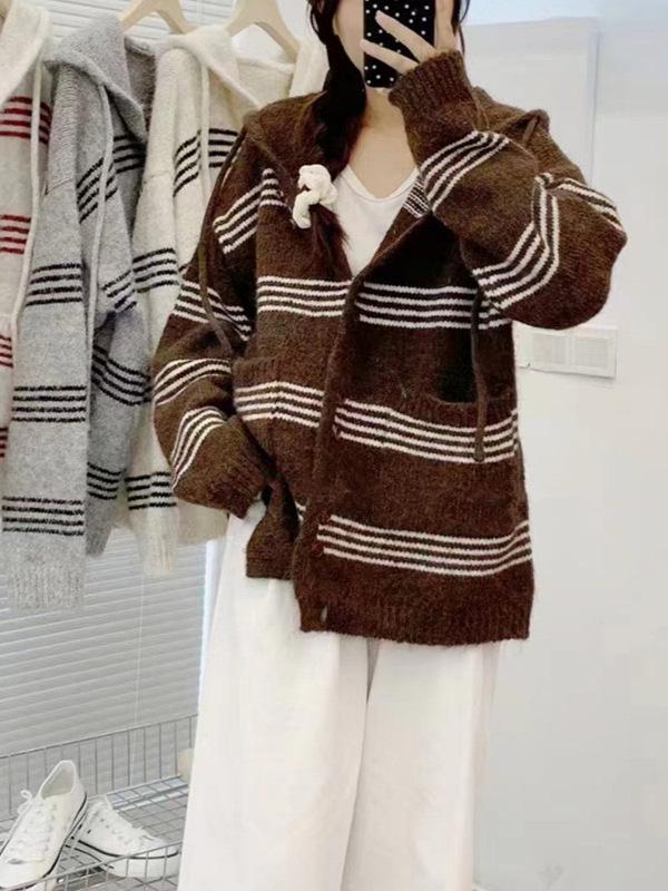 Women's Color Block Striped Knit Cardigan - Korean Style Autumn/Winter Hooded Casual Wear