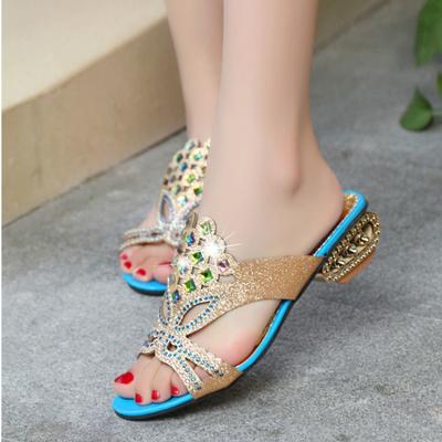 Luxury Low-heeled Sandals Women Summer Wear 2024 New Bohemian Fashion Upscale Diamond Sequin Upscale Flip-flops Women's Shoes