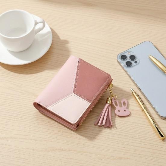 Color Block Women Wallet Slim Card Holder Wallet Bifold Mini Wallet with ID Window Zipper Coin Pocket for Travel Work Daily Use
