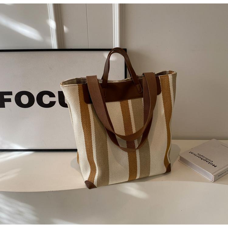 Big Bag Women's Bag 2025 New Fashion Contrasting Color Striped Canvas Portable Tote Bag Underarm Shoulder Bag