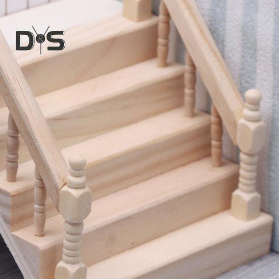 Doll House Staircase Mini Wooden Furniture Handrail Staircase 1:12 Scale Miniature Stairs for Doll House DIY Micro-landscape Accessories