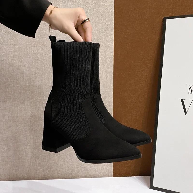 Sko Damer Mote Vinter Leopardmønster Strikkede Dame Støvletter Semsket Spiss Tå Tykk Høy Hæl Elegante Korte Støvletter Zapatos