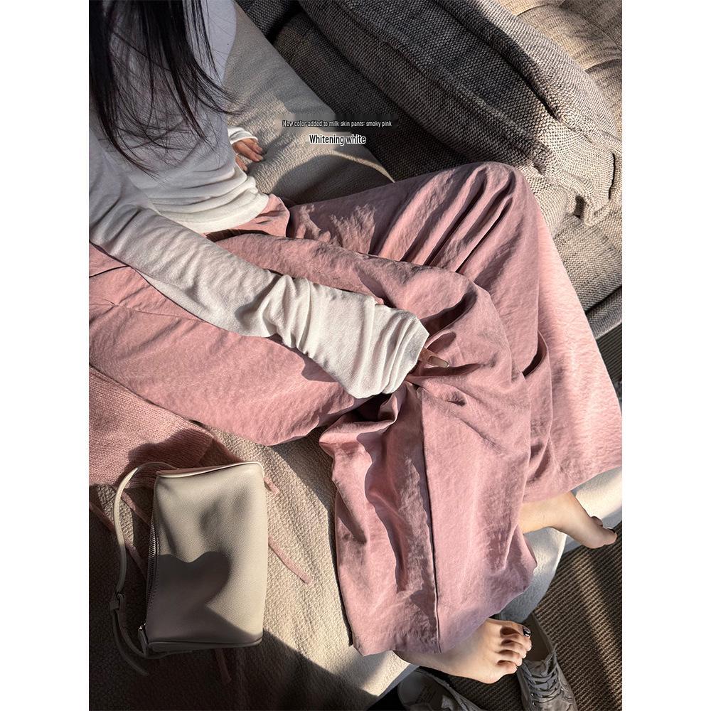 Superniniyy Wrinkled Texture Drawstring Wide-Leg Casual Pants for Women