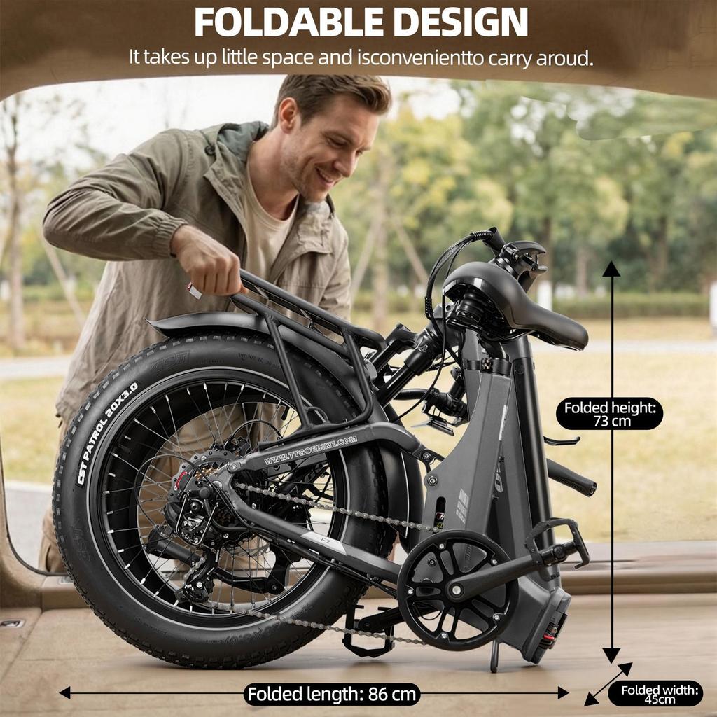 TTGO F7 Folding Electric Bike – 250W Motor – 48V 15Ah Battery – 120-140 Km Max Range – 20"×3.0" Tires – Hydraulic Brakes – Shimano 7speed