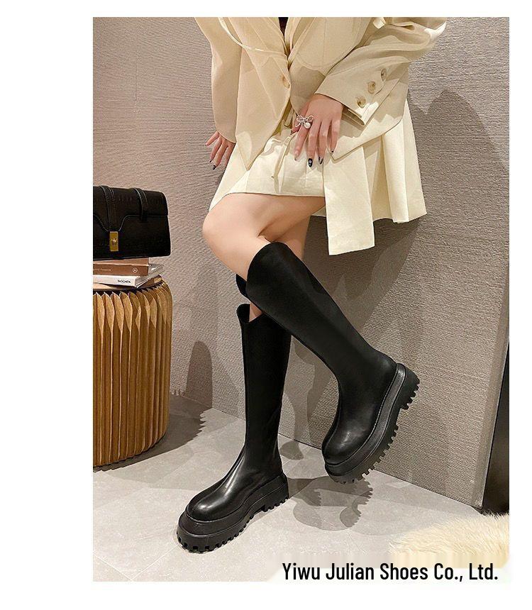 Spicy Girl 2025 Kniehohe Stiefel: Damen Herbst/Winter Leder Elastische Stiefel mit dicker Sohle und Absatz.