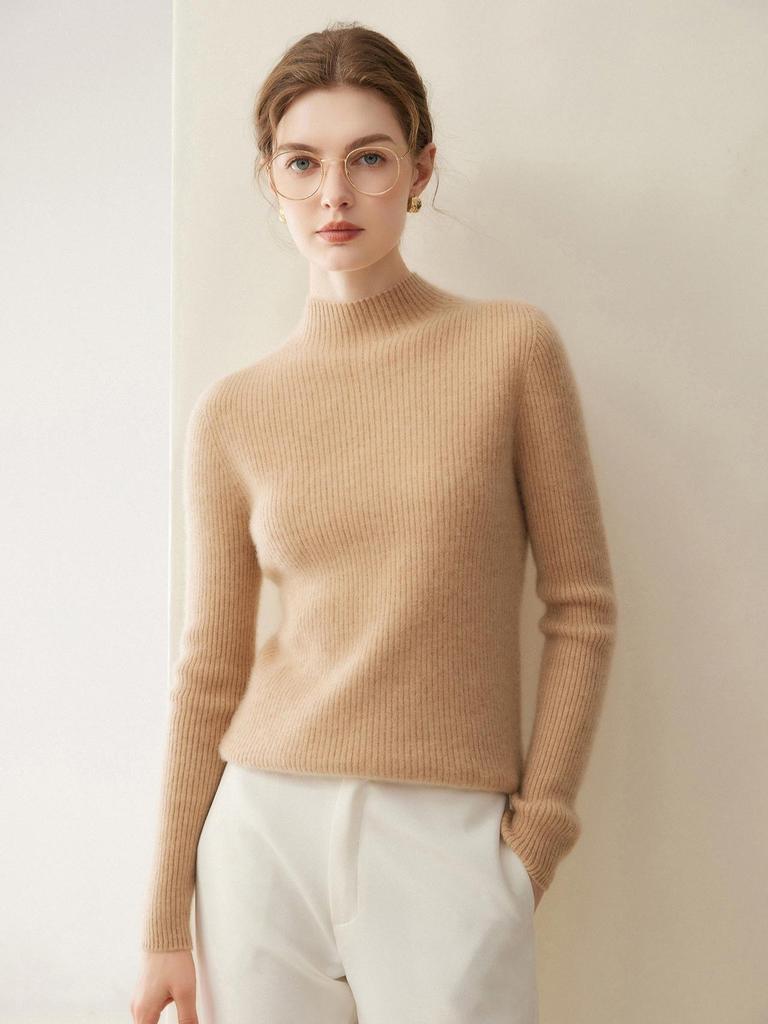 Women's 100% Cashmere Long Sleeve Knit Sweater - Half-High Neck, Tight-Fitting, Versatile Base Layer for Autumn/Winter.