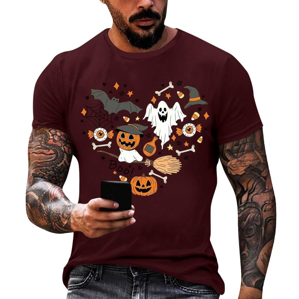 Men Casual Short Sleeve Halloween Print Tee Crew Neck Cotton Fit T Shirt for Everyday Wear and Sports