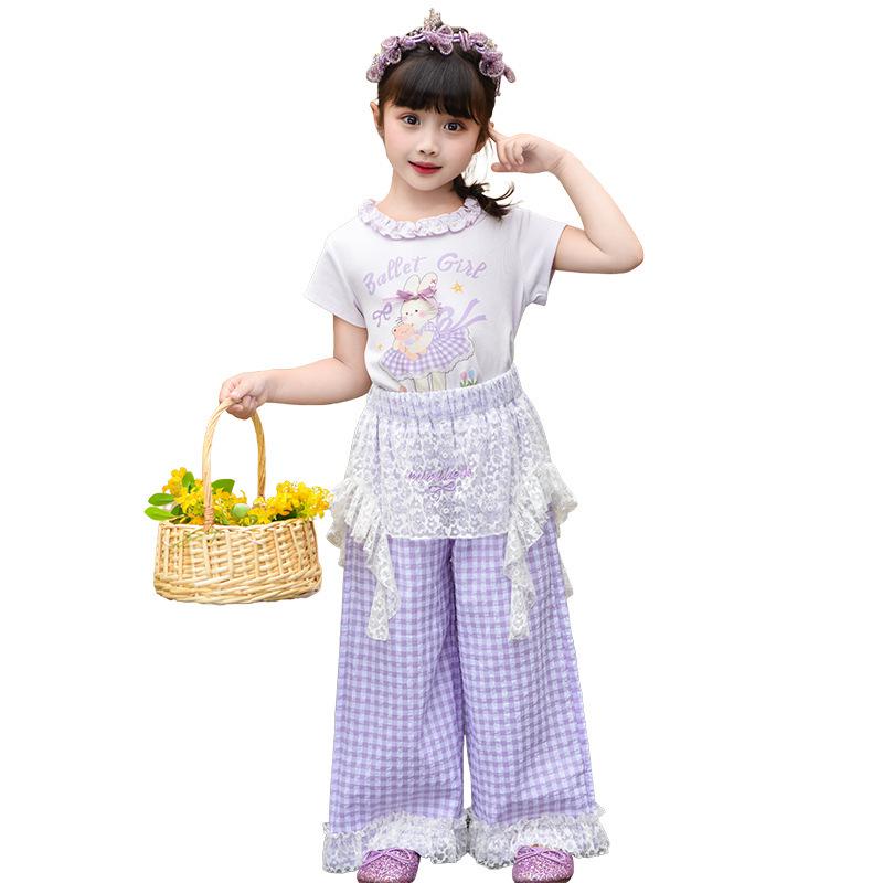 Girls' 2026 Summer Lace T-Shirt & Cake Skirt Set with Mosquito Repellent Pants