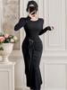 2025 Autumn/Winter Women's Black Slim-Fit Dress with Metal Accessories and Long Sleeves