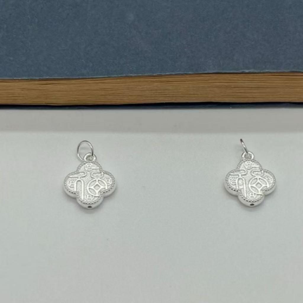 Sterling Silver Fu Character Clover Pendant Bracelet Necklace Jewelry Beads