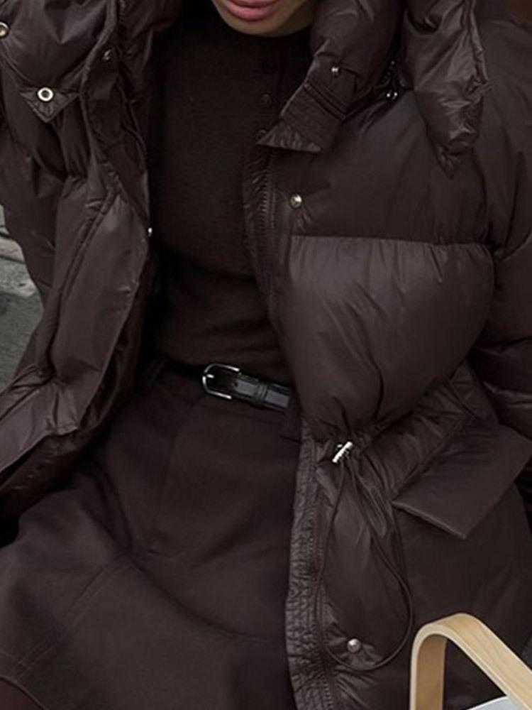 Elegant Solid Color Zipper Hooded Cotton Jacket with Long Sleeves and Pockets - Warm and Thickened for European and American Style.