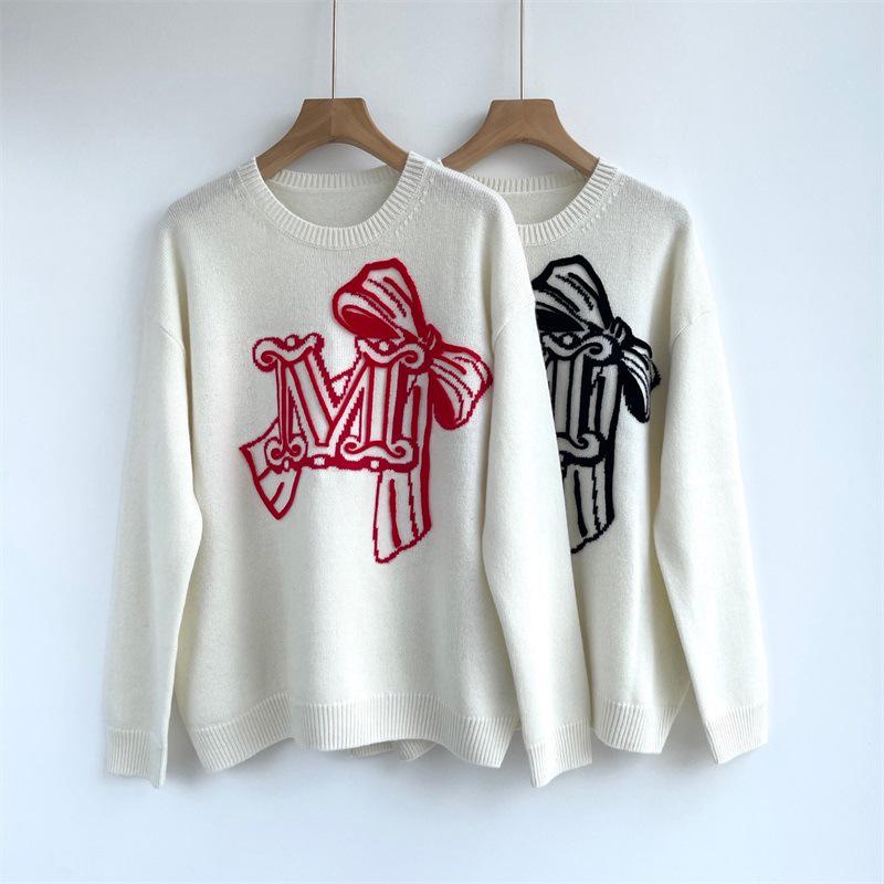 Women's Soft Wool Cashmere Knit Sweater - MAX Letter Bow Round Neck Pullover