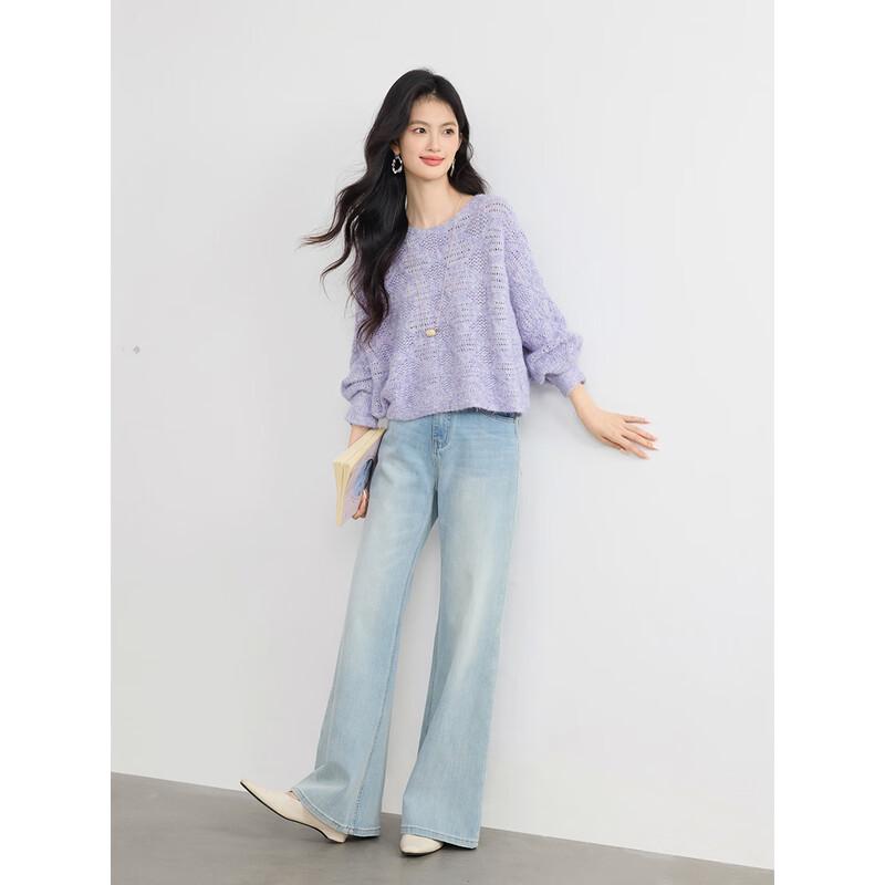 Women's French Romantic Lavender Hollow Knit Sweater