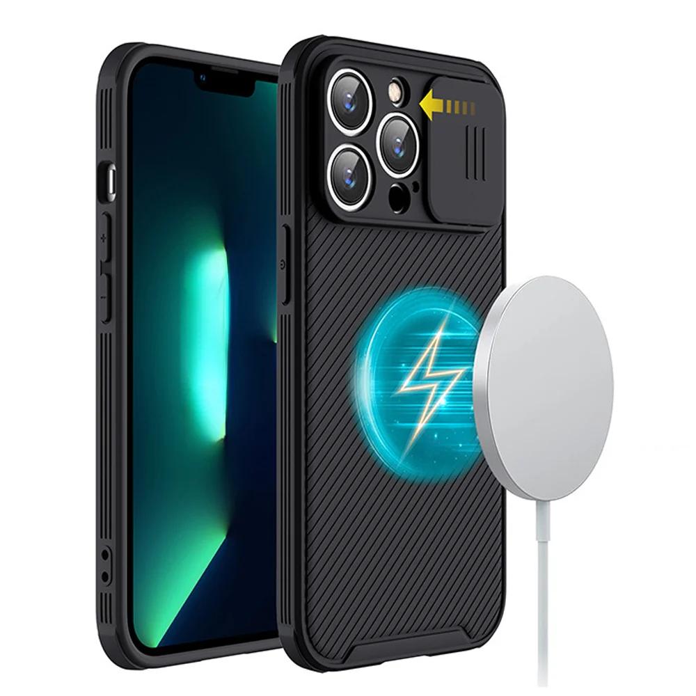 Slide Camera Lens Protection Magnetic Case for iPhone 15 13 12 14 Pro Max Plus For Magsafe Wireless Charging Soft Silicone Cover